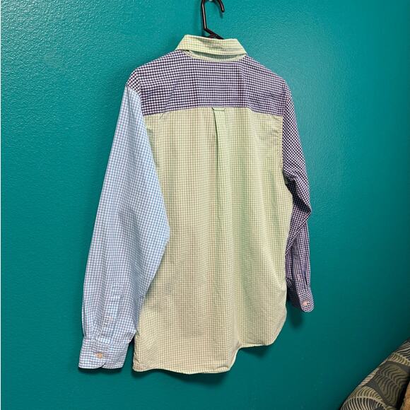 Chaps Easy Care Gingham Blue Lime Green Colorblock Long Sleeve Button Up Men's M - Picture 8 of 10